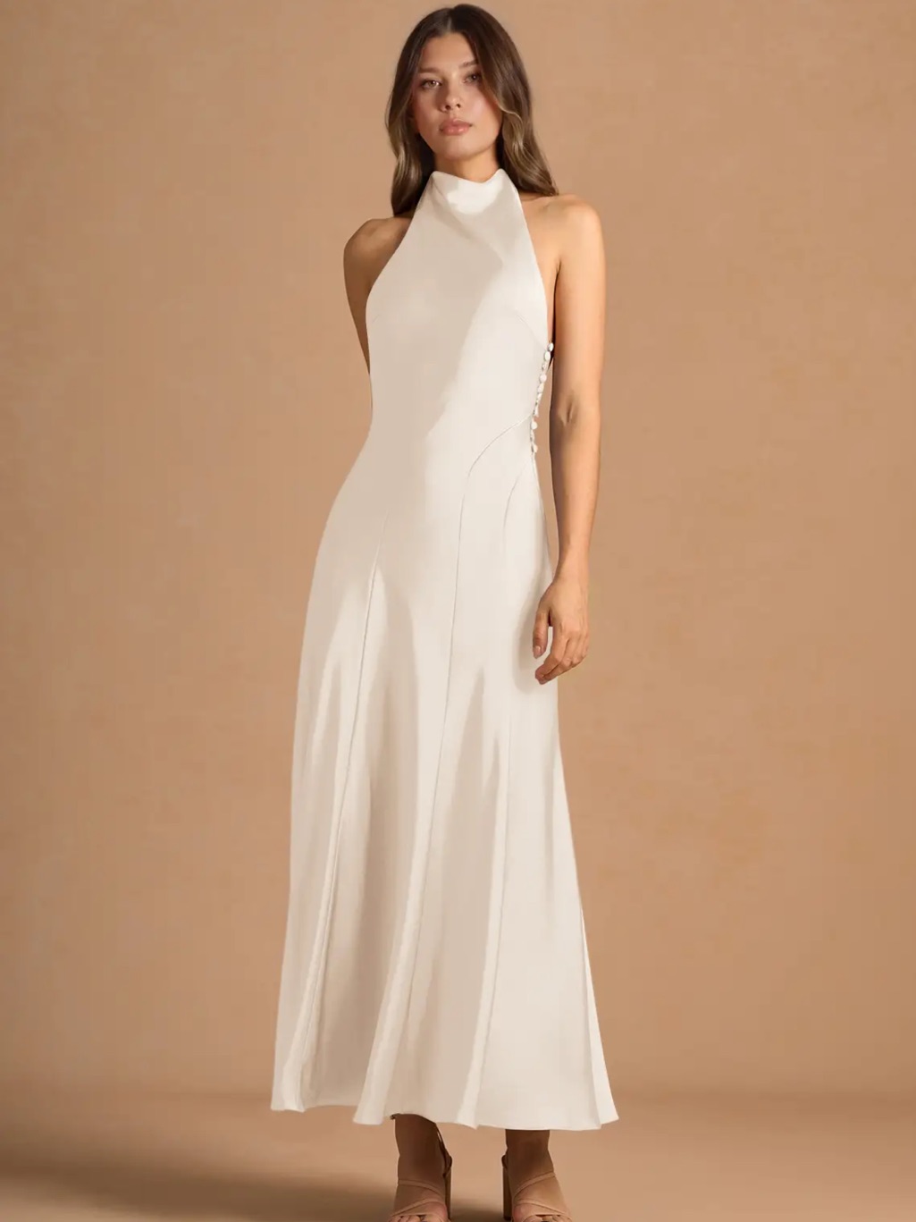 Elegant Cream Halter Backless Maxi Dress
